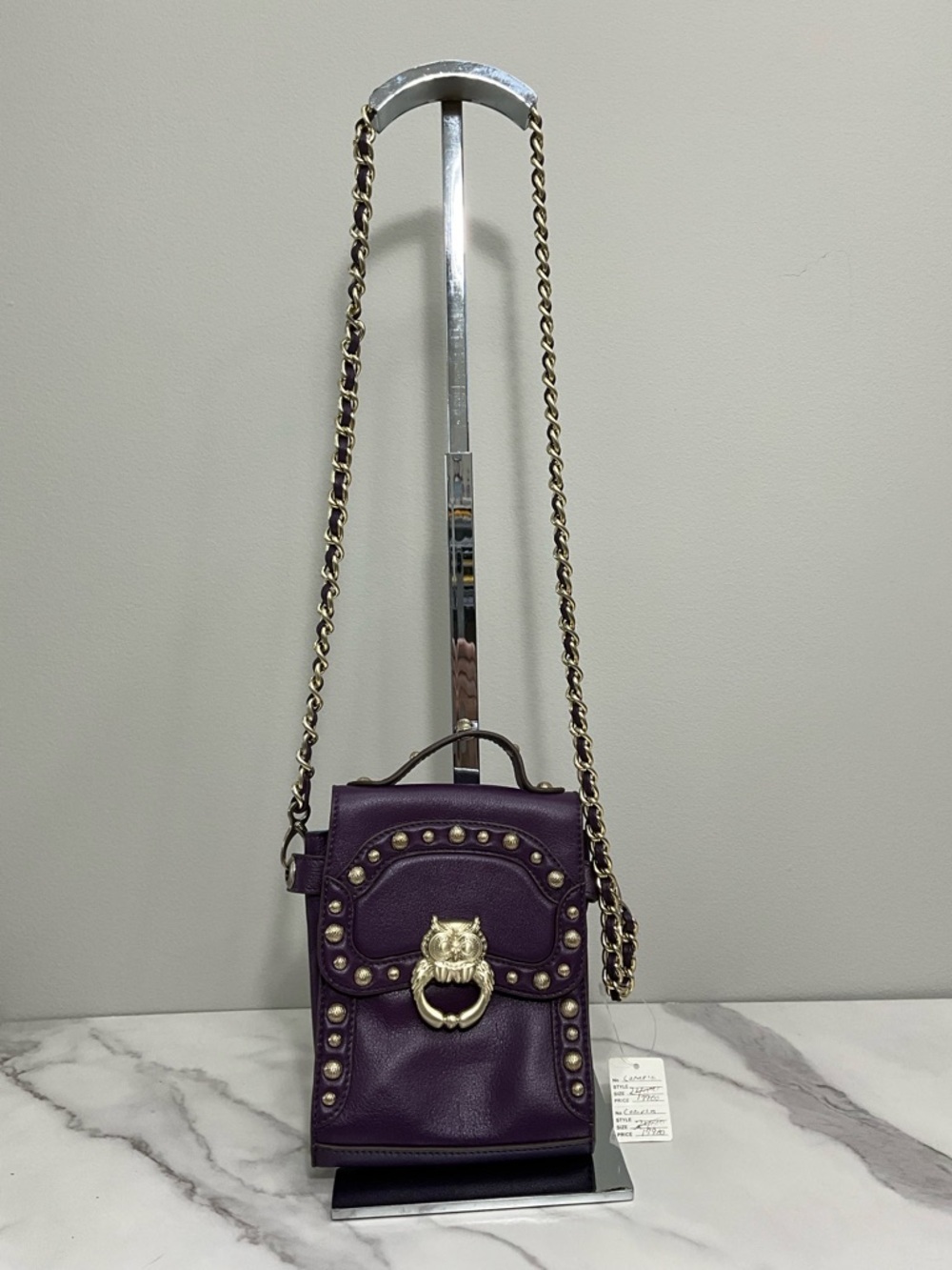 Purple Leather Studded Crossbody Bag Owl Ring Gold Chain Boho Statement